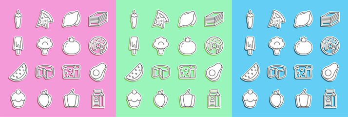 Wall Mural - Set line aper package for milk, Avocado fruit, Donut, Lemon, Broccoli, Ice cream, Hot chili pepper and Tomato icon. Vector