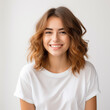 © Naz - Portrait of young beautiful cute cheerful girl smiling looking at camera over white background, ai technology