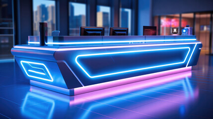 Wall Mural - Registration counter with neon light, Cool, Technology.