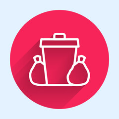 Poster - White line Trash can icon isolated with long shadow. Garbage bin sign. Recycle basket icon. Office trash icon. Red circle button. Vector