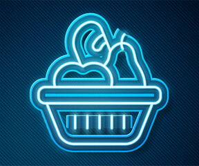 Wall Mural - Glowing neon line Donation food box icon isolated on blue background. Vector