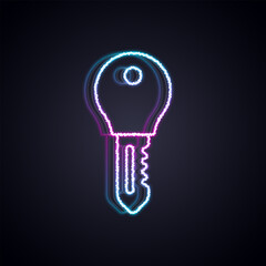 Poster - Glowing neon line Hotel door lock key icon isolated on black background. Vector