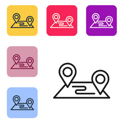 Poster - Black line Route location icon isolated on white background. Map pointer sign. Concept of path or road. GPS navigator. Set icons in color square buttons. Vector