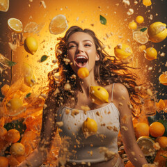 Wall Mural - Creative portrait of an attractive girl with splashes of water and floating fruit in and around her hair. Vintage inspired style.