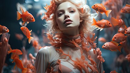 Wall Mural -  a painting of a woman surrounded by goldfish in a sea of red and orange fish, with her hair blowing in the wind.