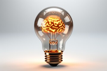 Wall Mural - A light bulb with brain inside on white background.