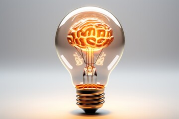 Poster - A light bulb with brain inside on white background.