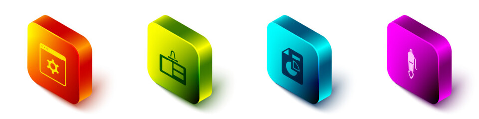 Poster - set isometric browser setting, identification badge, document with graph chart and fountain pen nib 