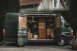 © Ilia - Van car full of boxes and furniture near a house outdoors. Concept of moving or relocation to a new home and delivery