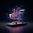 Online shopping concept with miniature shopping cart standing in front of laptop, Generative AI Illustration