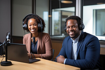 Wall Mural - Woman and man in podcast studio