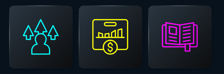Poster - Set line Front end development, Reading book and Key performance indicator. Black square button. Vector