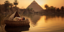 Baby Moses Floating In A Basket - River Sunset - Pyramids Of Egypt - Nurtured By The Nile: Serenity Of Baby Moses In The Basket