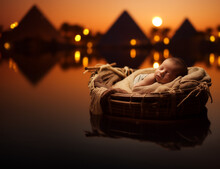 Baby Moses Floating In A Basket - River Sunset - Pyramids Of Egypt - Divine Protection: Infant Moses Asleep On The River