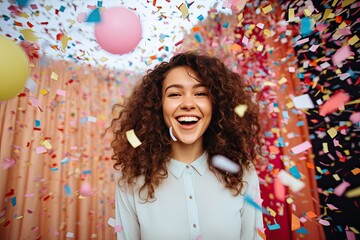 Poster - Young woman blowing confetti