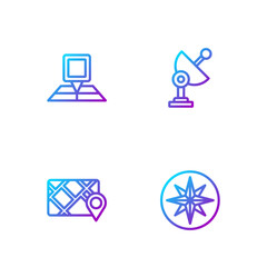 Poster - Set line Wind rose, Gps device with map, Folded location marker and Radar. Gradient color icons. Vector