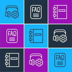 Poster - Set line Headphoneswith settings, Notebook and FAQ information icon. Vector