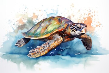 Wall Mural - watercolor Turtle illustration with splash watercolor textured background