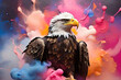 Adler fliegt in eine Wolke aus Farben und landet auf dem Boden