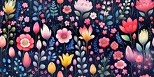 Abstract Childish, Cute And Fun Colorful Dreamy Garden Floral Seamless Pattern Wallpaper Background With Flowers And Critters. Generative AI, AI