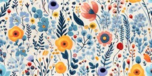 Abstract Childish, Cute And Fun Colorful Dreamy Garden Floral Seamless Pattern Wallpaper Background With Flowers And Critters, Vector. Generative AI, AI