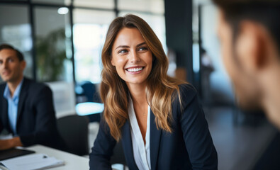 Portrait of successful female business consultant broker adviser meeting with her clients in a modern office setting