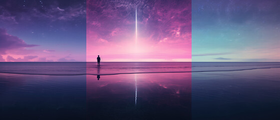 Wall Mural - Silhouette of a man standing on the beach and looking to the horizon