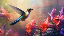 Delightfully Beautiful Bird Hummingbird In Flight Over Flowering Plants In Spring