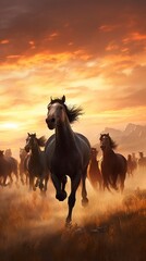Naklejka na meble Herd wild horses galloping freely animal breeds illustration picture AI generated art