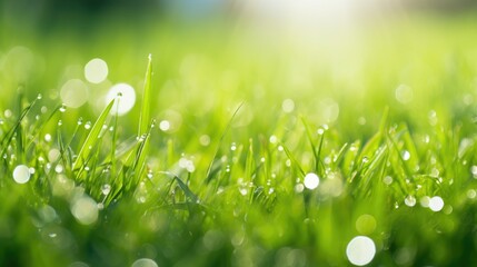 Wall Mural - Juicy lush green grass on meadow with drops of water dew in morning light in spring summer outdoors close-up macro, panorama. Beautiful artistic image of purity and freshness of nature, copy space