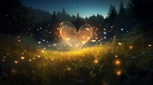 Produce A Meadow With Fireflies Forming A Heart Shape, Captioned With "You Light Up My Life."