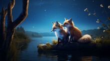 Create A Charming Scene Of Two Foxes In The Moonlight, Captioned With "Our Love Is Sly."