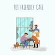 © Natalia - Vector illustration, cartoon cat cafe characters, animal friendly cat, small business graphic, customer and barista. Modern flat vector. People eat and talk together with a dog and a cat in a cafe.