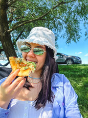 Poster - woman selfie eating pizza