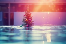 A Lone Christmas Tree Partially Submerged In A Pool With Sun Setting, Creating A Dreamy, Reflective Atmosphere