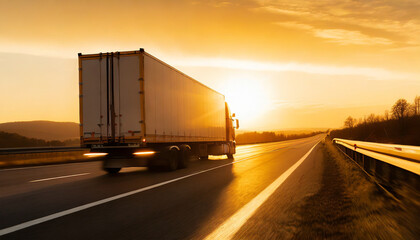 truck on the road at the sunset .