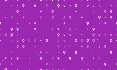 Poster - Seamless background pattern of evenly spaced white location symbols of different sizes and opacity. Vector illustration on purple background with stars