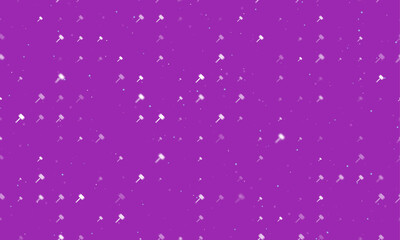 Poster - Seamless background pattern of evenly spaced white sledgehammer symbols of different sizes and opacity. Vector illustration on purple background with stars