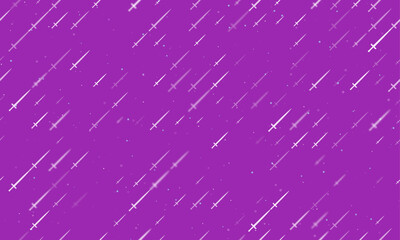 Poster - Seamless background pattern of evenly spaced white sword symbols of different sizes and opacity. Vector illustration on purple background with stars