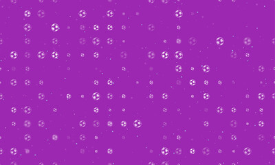 Poster - Seamless background pattern of evenly spaced white football symbols of different sizes and opacity. Vector illustration on purple background with stars