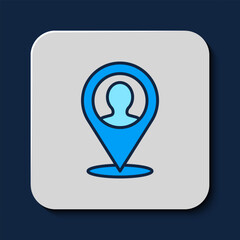 Poster - Filled outline Map marker with a silhouette of a person icon isolated on blue background. GPS location symbol. Vector