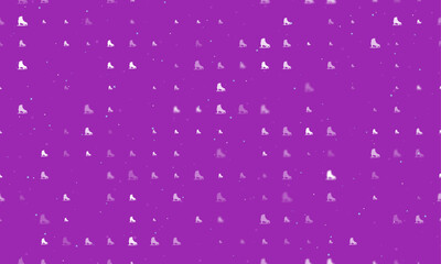 Poster - Seamless background pattern of evenly spaced white womens ice skates of different sizes and opacity. Vector illustration on purple background with stars