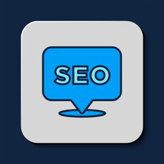 Poster - Filled outline SEO optimization icon isolated on blue background. Vector