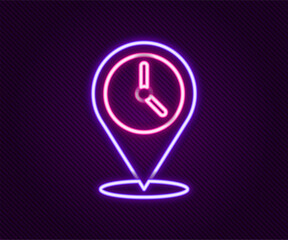 Poster - glowing neon line location with clock icon isolated on black background. colorful outline concept. v