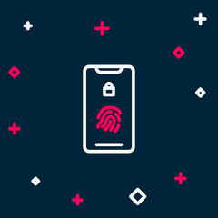 Poster - Line Smartphone with fingerprint scanner icon isolated on blue background. Concept of security, personal access via finger on mobile. Colorful outline concept. Vector