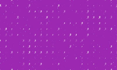 Poster - Seamless background pattern of evenly spaced white running woman symbols of different sizes and opacity. Vector illustration on purple background with stars