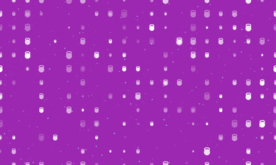 Poster - Seamless background pattern of evenly spaced white sports weight symbols of different sizes and opacity. Vector illustration on purple background with stars