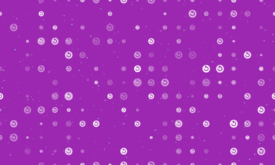 Poster - Seamless background pattern of evenly spaced white replay media symbols of different sizes and opacity. Vector illustration on purple background with stars