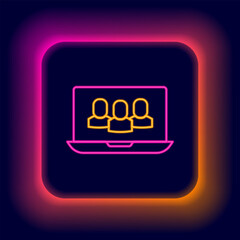 Poster - Glowing neon line Video chat conference icon isolated on black background. Online meeting work form home. Remote project management. Colorful outline concept. Vector