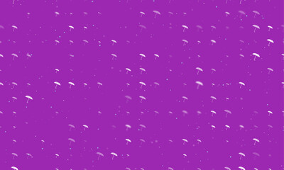 Poster - Seamless background pattern of evenly spaced white umbrella symbols of different sizes and opacity. Vector illustration on purple background with stars